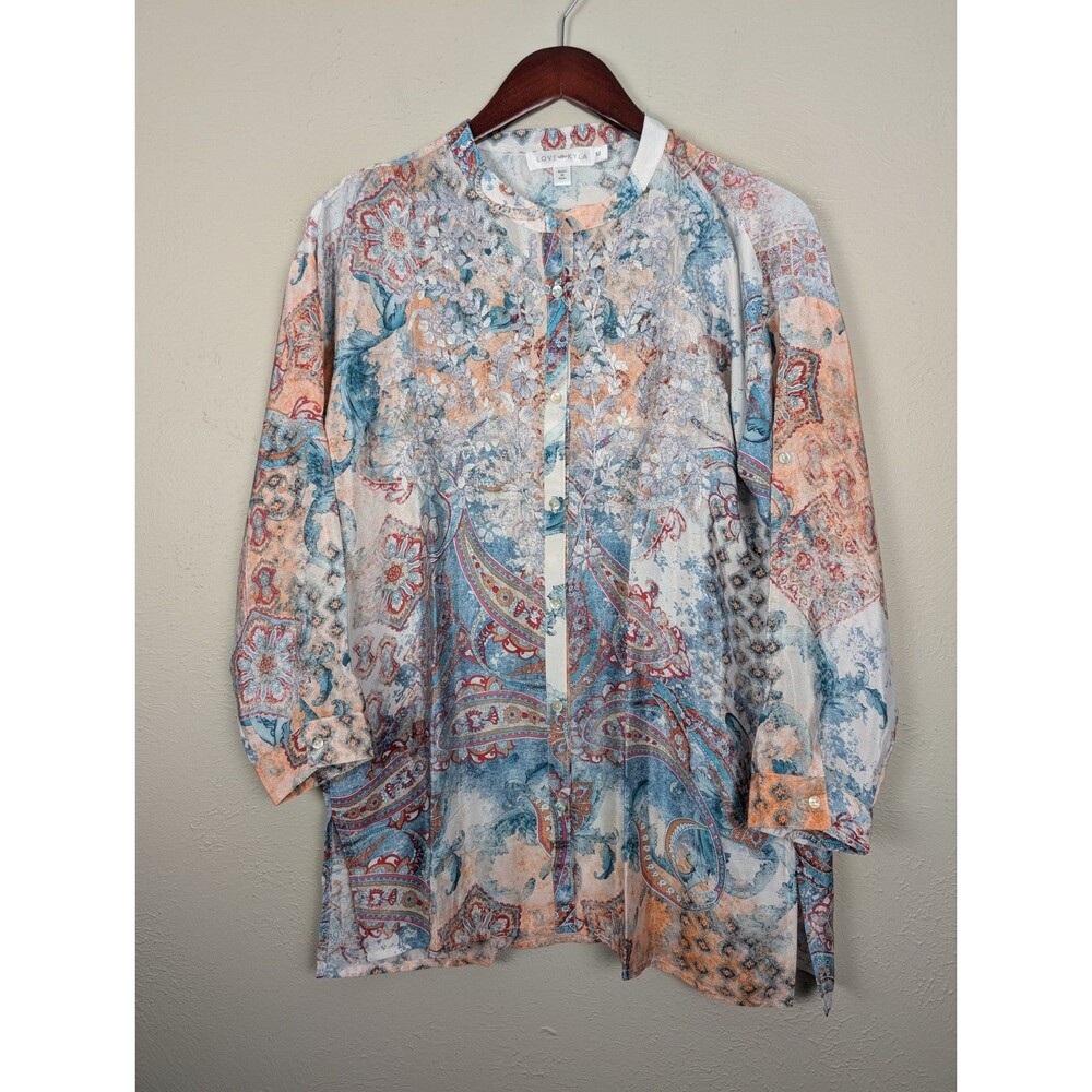 Love Kyla Silk Embroidered Paisley Floral Button Blouse Size M